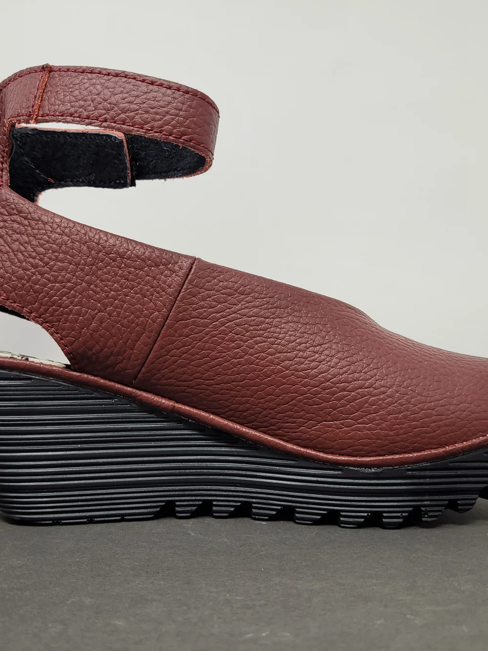 Bernie Mev Mely Burgundy Pebbled Leather Wedge Sandal with Ankle Strap